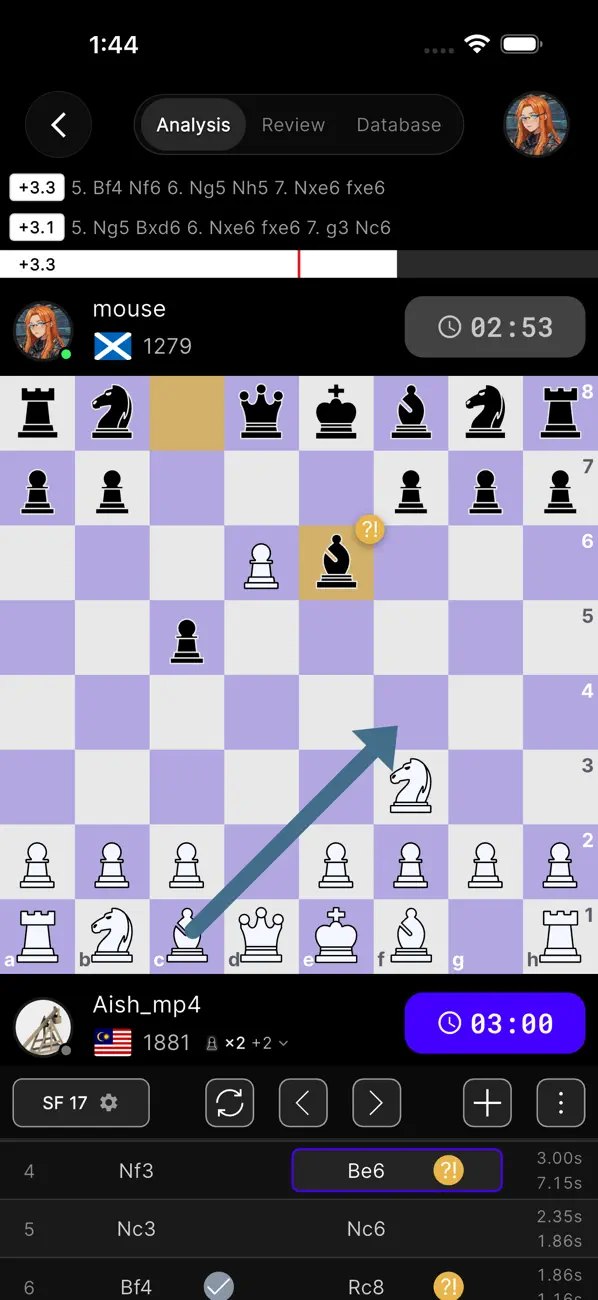 Game analysis in the Endgame AI app, with engine lines and the best move drawn on the board