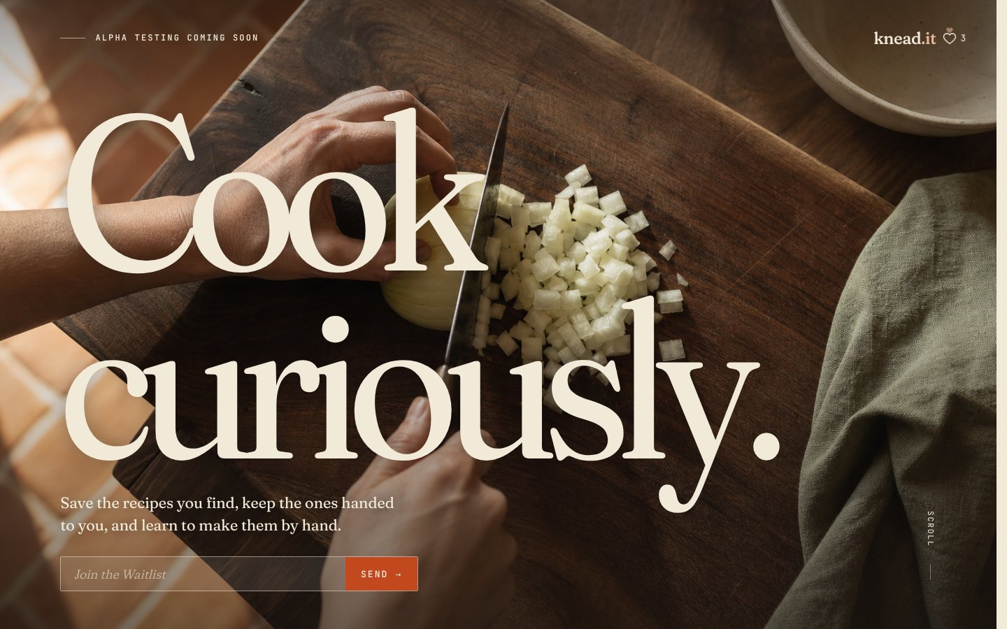 The knead.it landing page: Cook curiously.